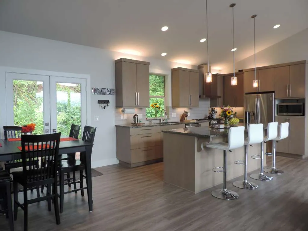 Kitchen and dining area with oak floors
